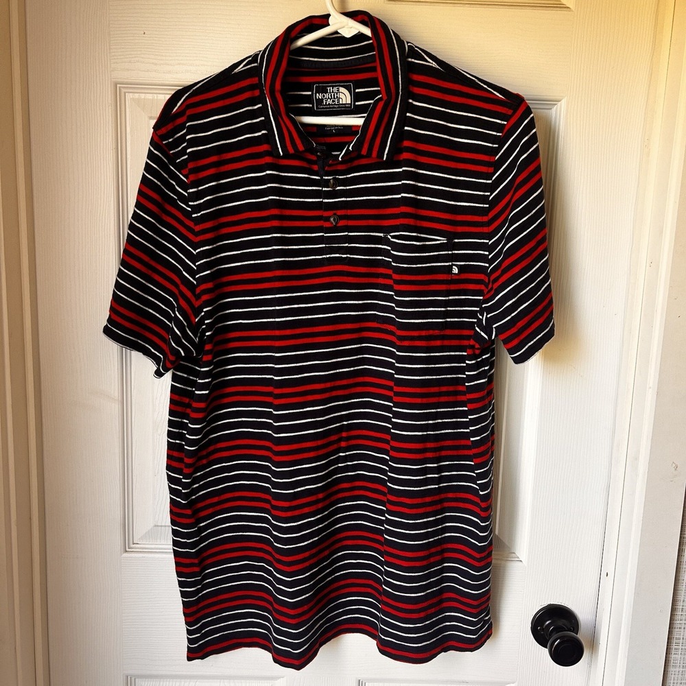 The NorthFace Striped Polo Shirt Mens Large L Short‎ Sleeves Red White Blue BxQ